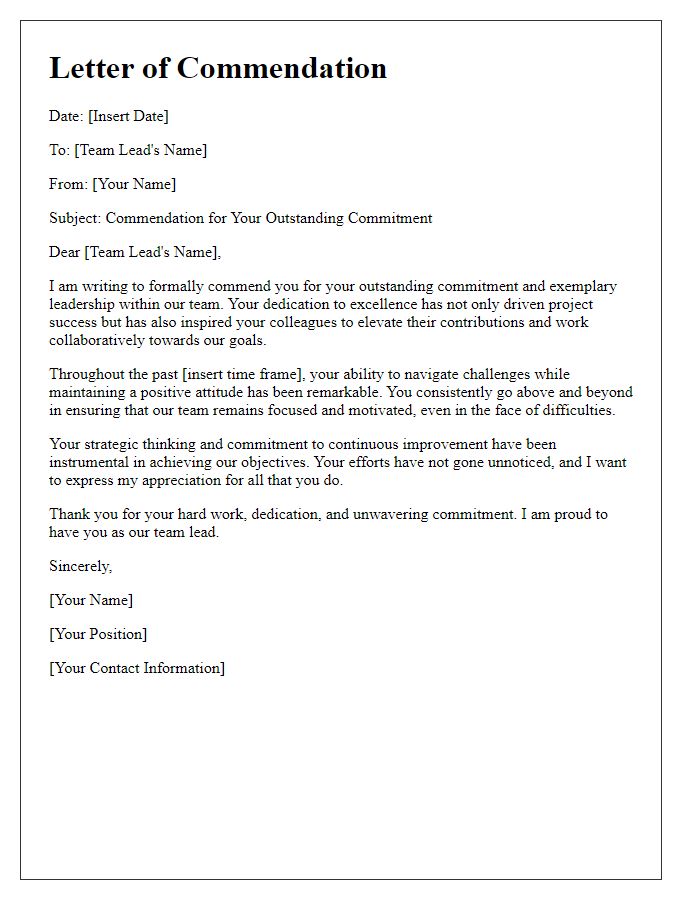 Letter template of commendation for team lead's commitment