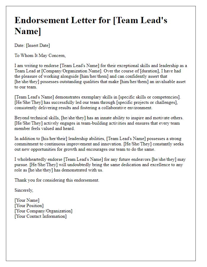 Letter template of endorsement for team lead's skills