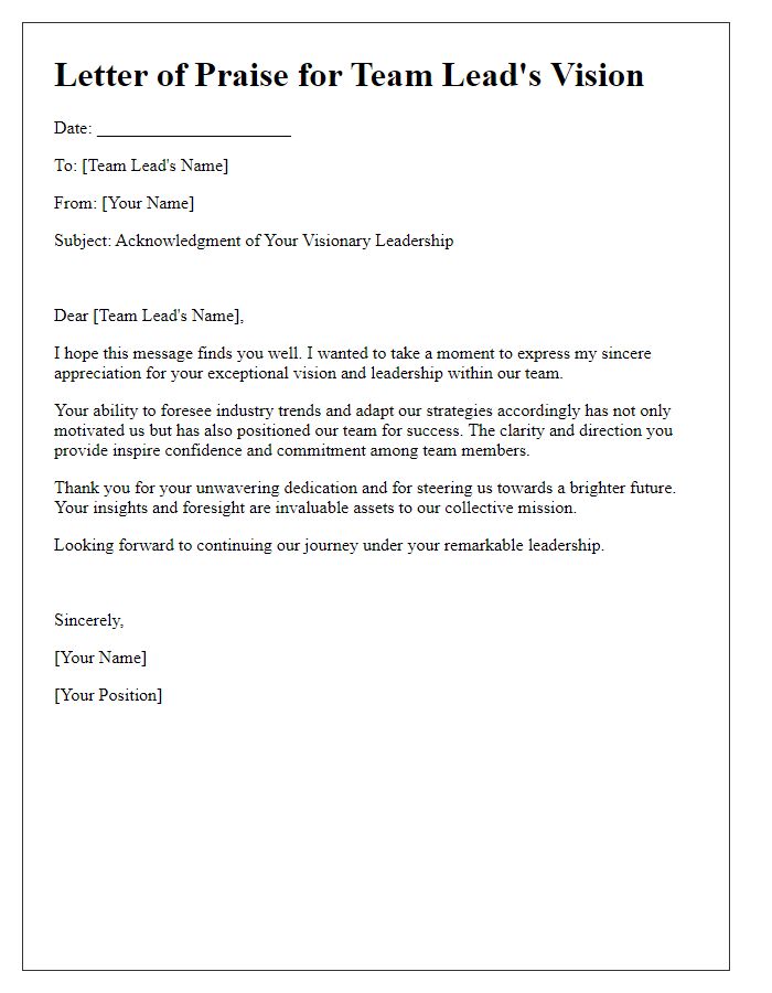 Letter template of praise for team lead's vision