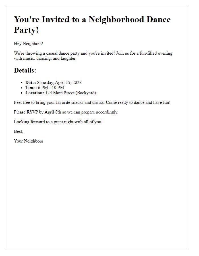 Letter template of a casual dance party invitation for neighborhood fun