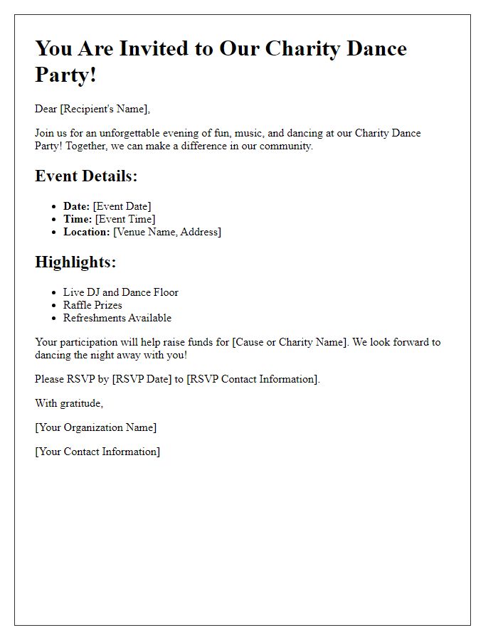 Letter template of a charity dance party invitation for fundraising