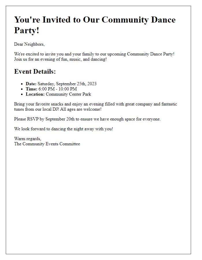 Letter template of a community dance party invitation for local residents