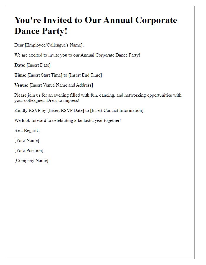 Letter template of a formal dance party invitation for corporate event