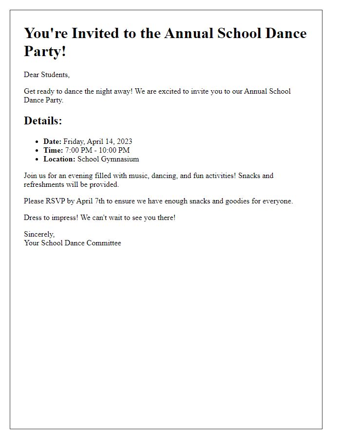 Letter template of a school dance party invitation for students