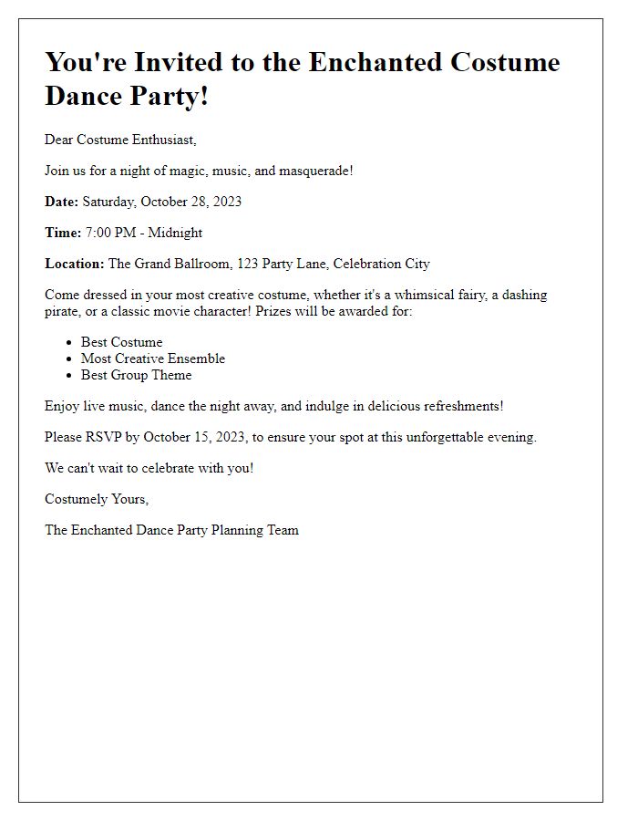 Letter template of a themed dance party invitation for costume enthusiasts