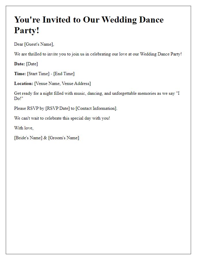 Letter template of a wedding dance party invitation for guests