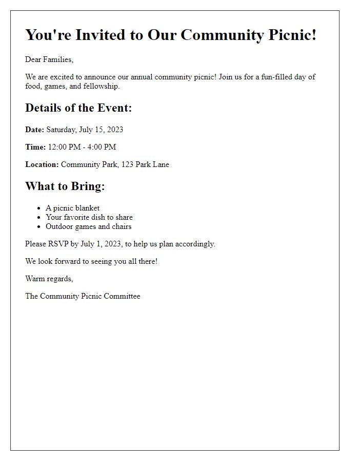 Letter template of community picnic invitation for families