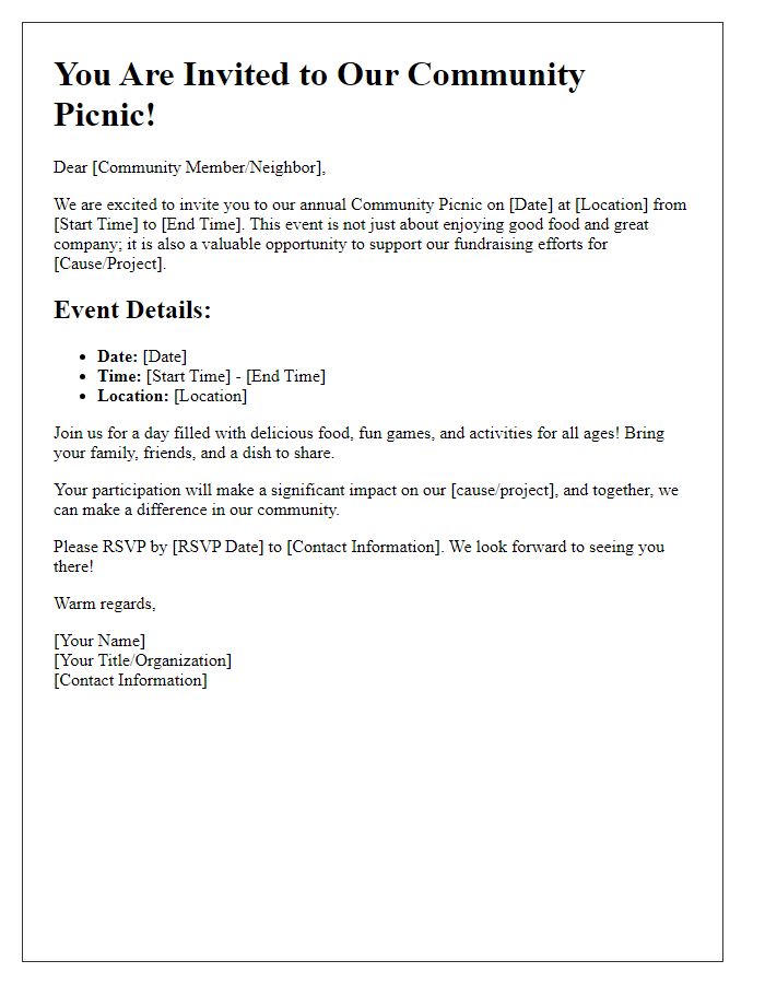 Letter template of community picnic invitation for fundraising efforts