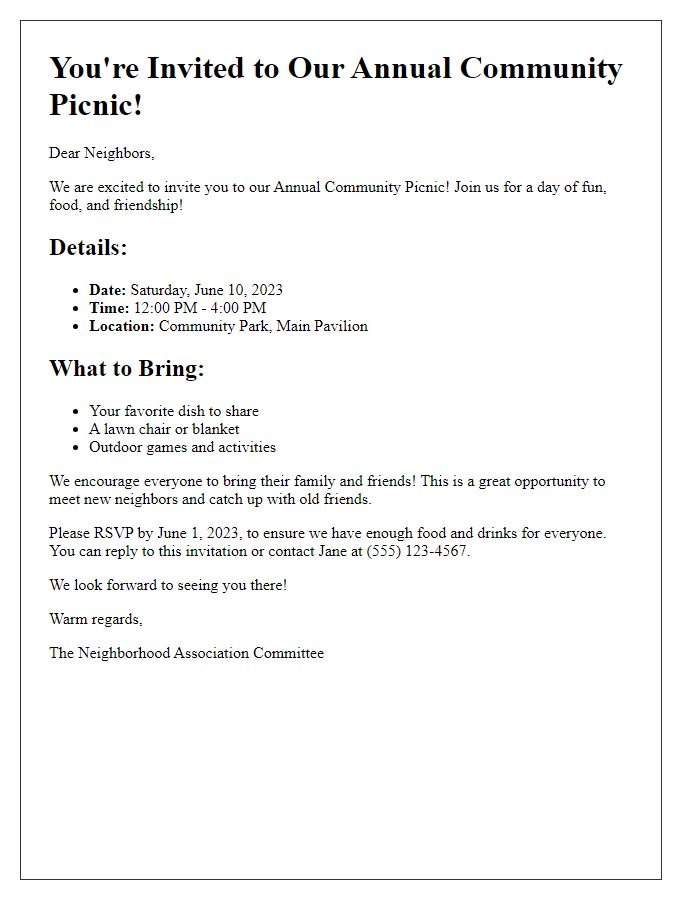 Letter template of community picnic invitation for neighborhood associations