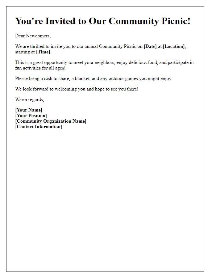 Letter template of community picnic invitation for newcomers