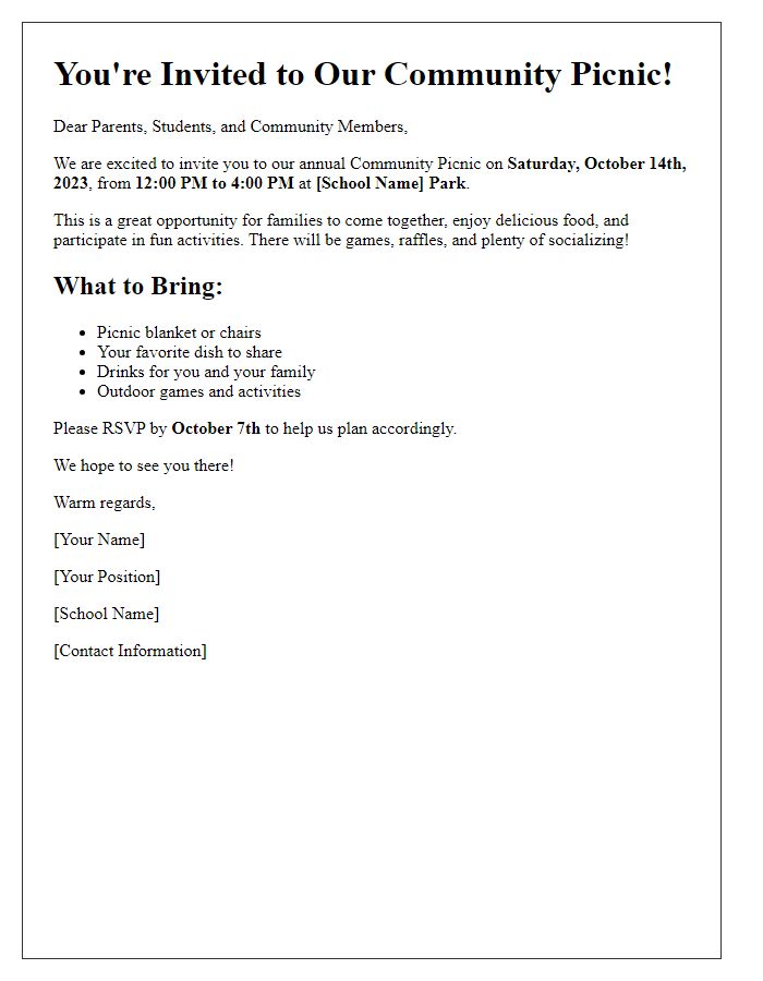 Letter template of community picnic invitation for schools