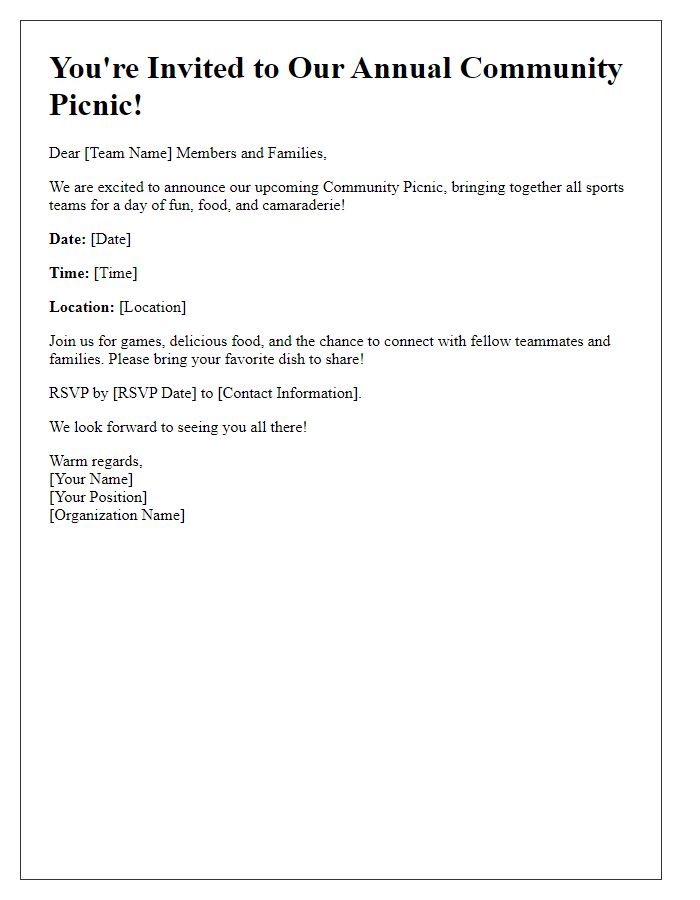 Letter template of community picnic invitation for sports teams