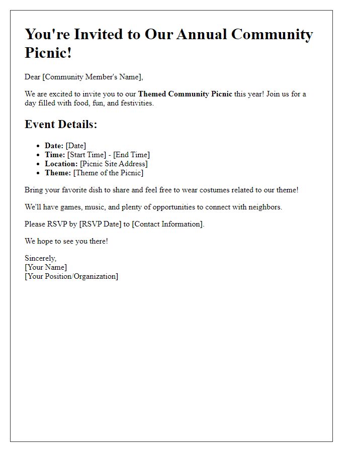 Letter template of community picnic invitation for themed events