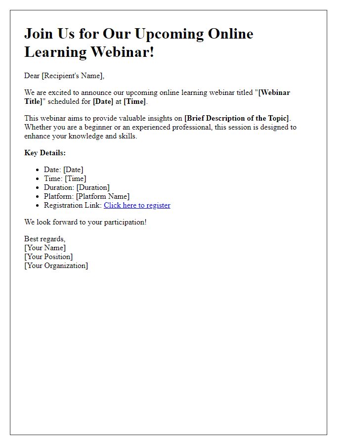 Letter template of Announcement for Our Upcoming Online Learning Webinar