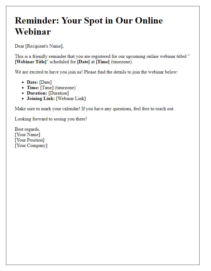 Letter template of Reminder for Your Spot in Our Online Webinar