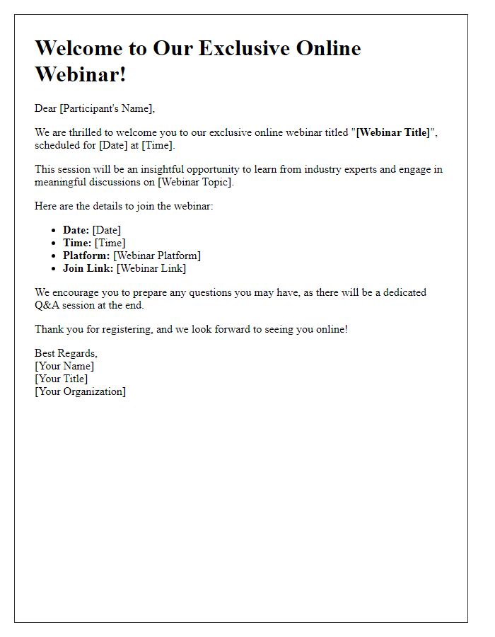 Letter template of Welcome to Our Exclusive Online Webinar