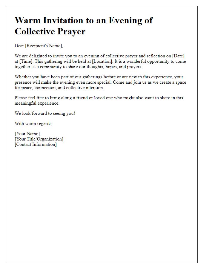 Letter template of warm invitation for an evening of collective prayer.