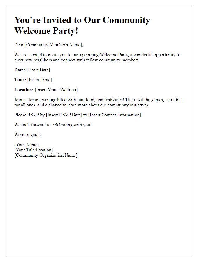 Letter template of a welcome party invitation for a community event