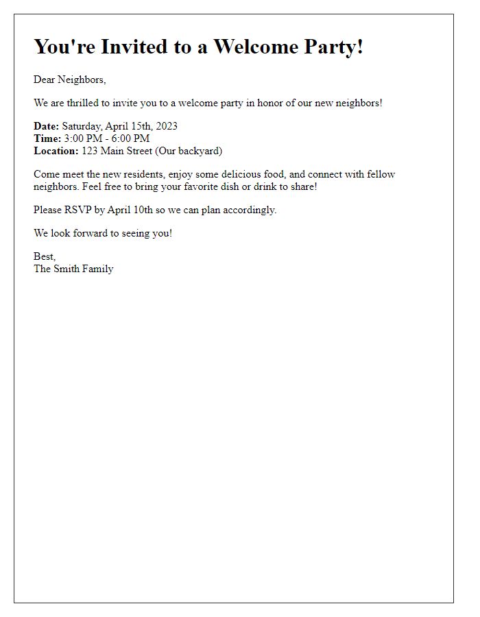 Letter template of a welcome party invitation for new neighbors