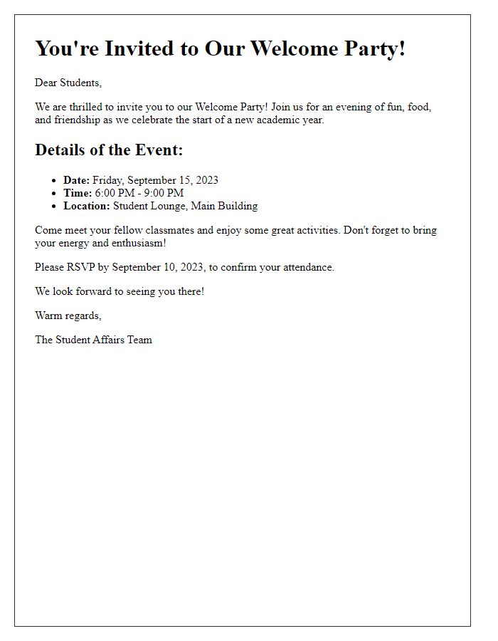 Letter template of a welcome party invitation for students