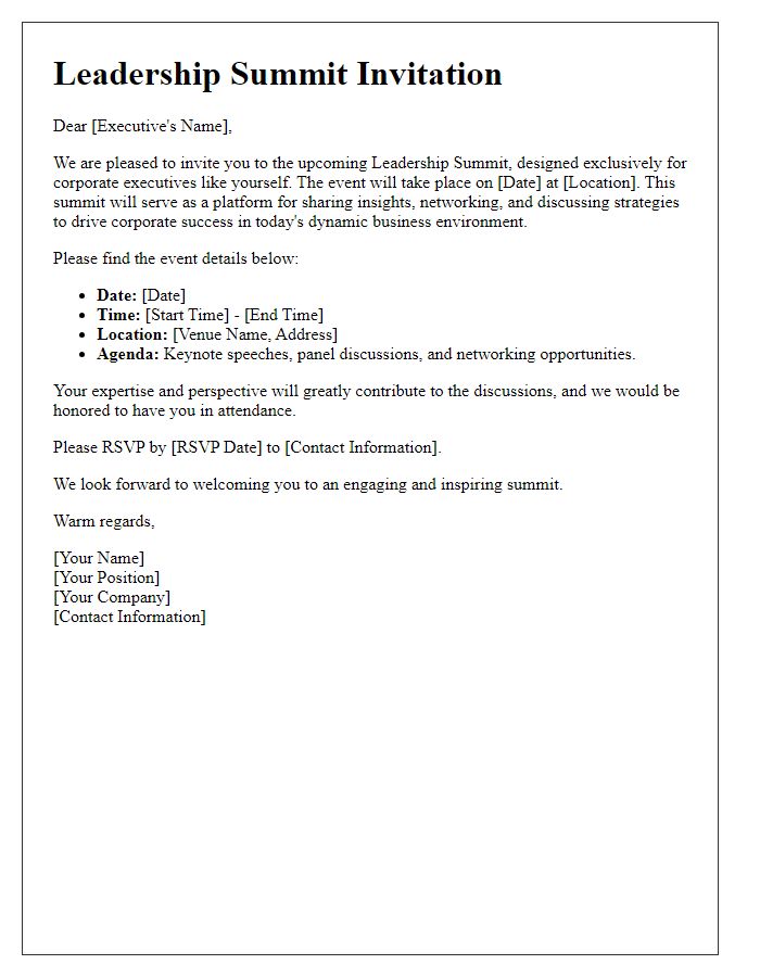 Letter template of Leadership Summit Invitation for Corporate Executives