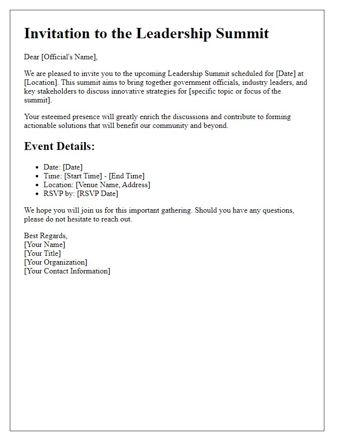 Letter template of Leadership Summit Invitation for Government Officials