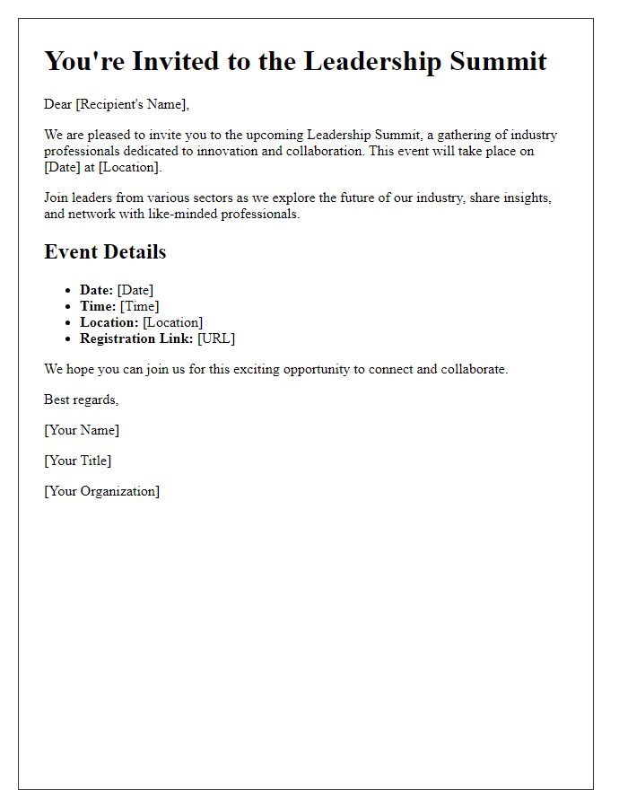 Letter template of Leadership Summit Invitation for Industry Professionals