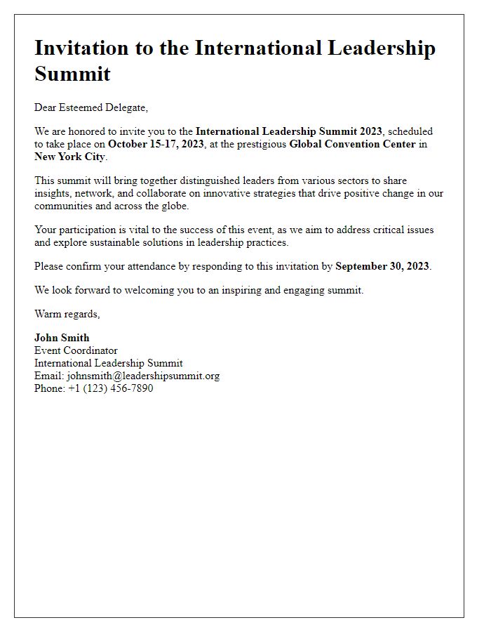 Letter template of Leadership Summit Invitation for International Delegates