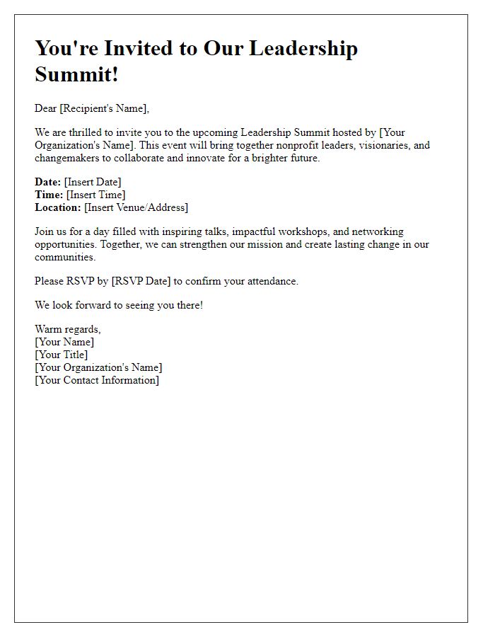 Letter template of Leadership Summit Invitation for Nonprofit Organizations