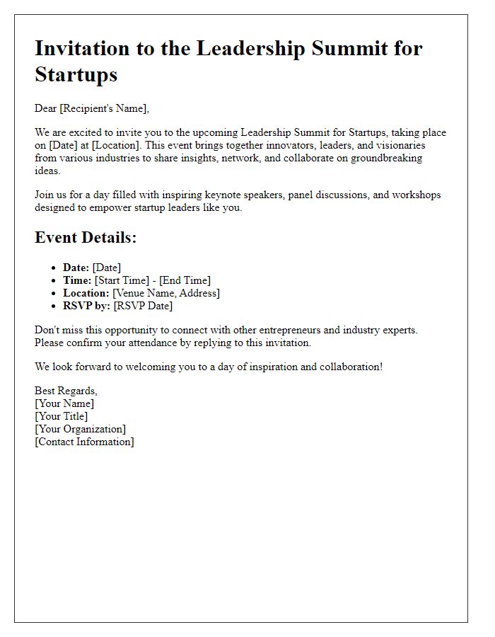 Letter template of Leadership Summit Invitation for Startups