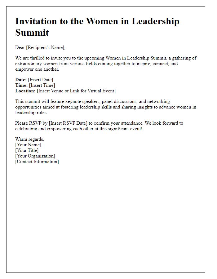 Letter template of Leadership Summit Invitation for Women in Leadership