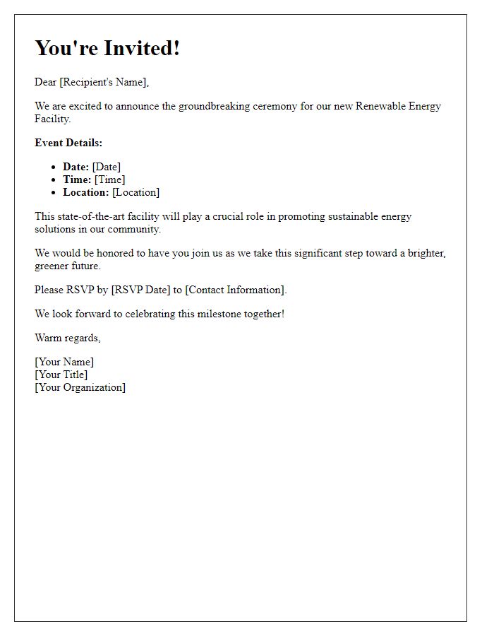 Letter template of invitation to groundbreaking ceremony for renewable energy facility