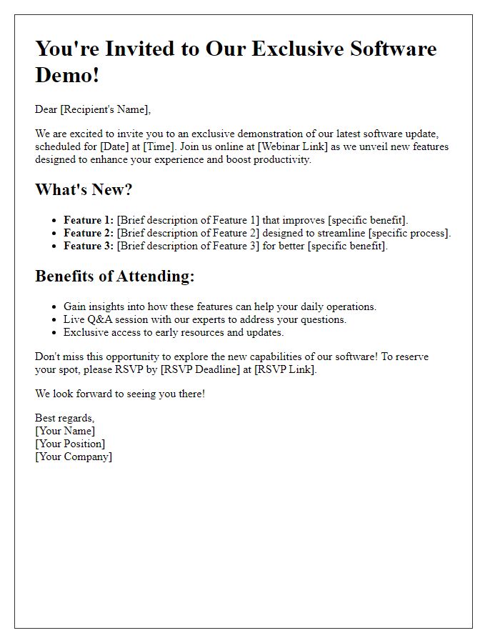 Letter template of software demo invitation highlighting new features and benefits
