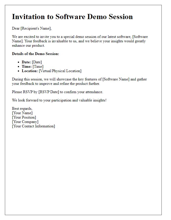 Letter template of software demo invitation for product feedback session