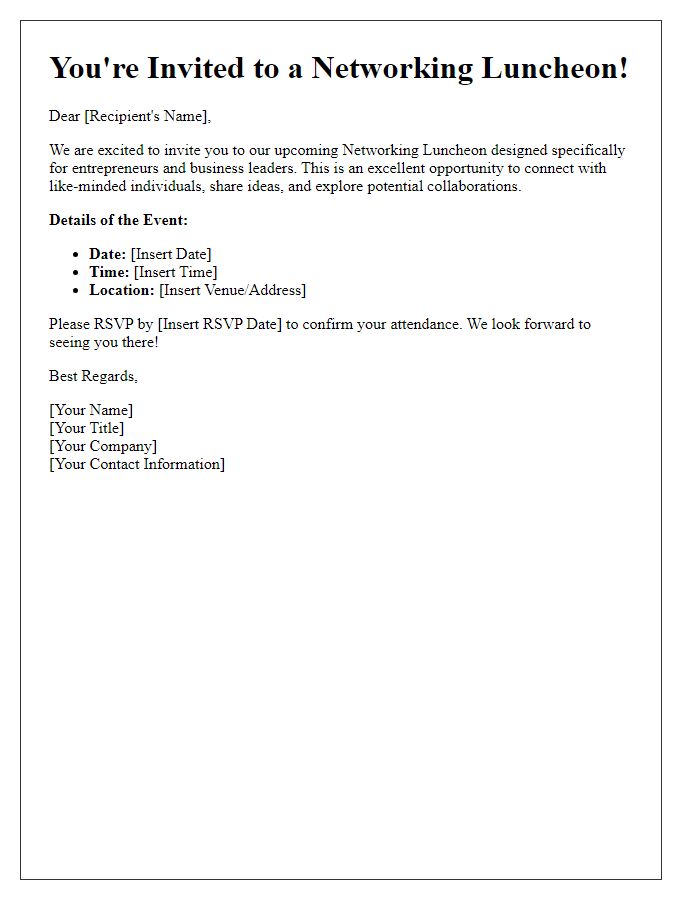 Letter template of Networking Luncheon Invitation for Entrepreneurs