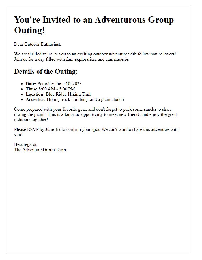 Letter template of adventurous group outing invitation for outdoor enthusiasts