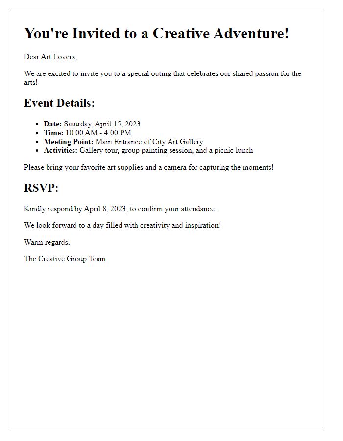 Letter template of creative group outing invitation for art enthusiasts