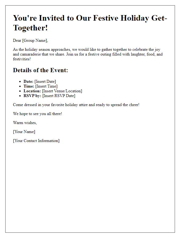 Letter template of festive group outing invitation for holiday gatherings