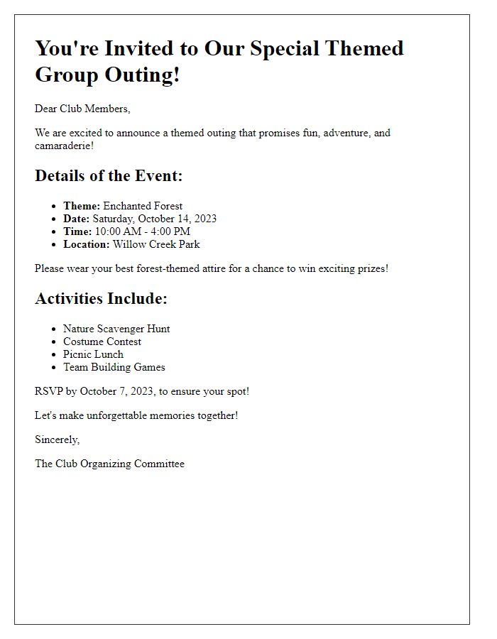 Letter template of themed group outing invitation for club members