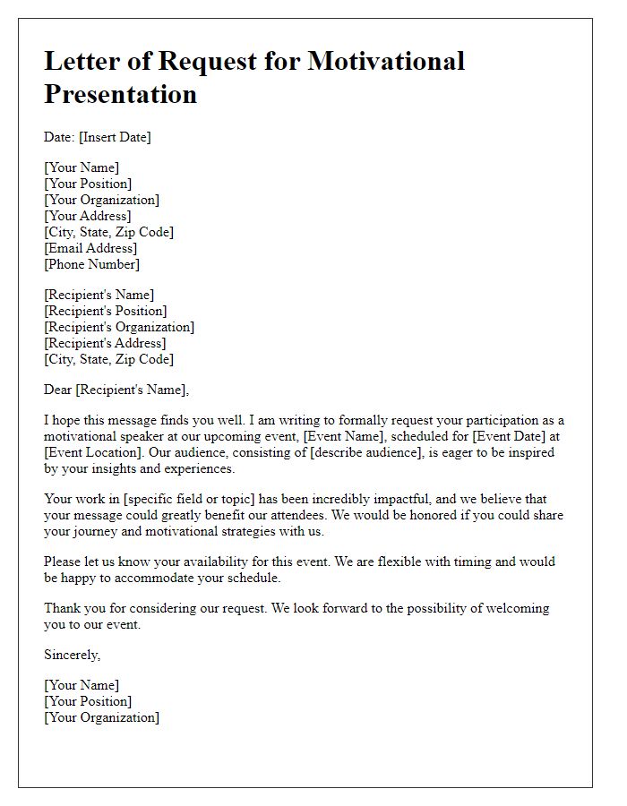 Letter template of request for a motivational presentation