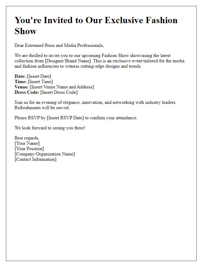 Letter template of Fashion Show Invitation for Press and Media