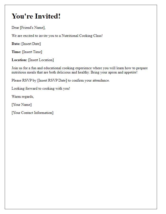 Letter template of invitation for a nutritional cooking class.