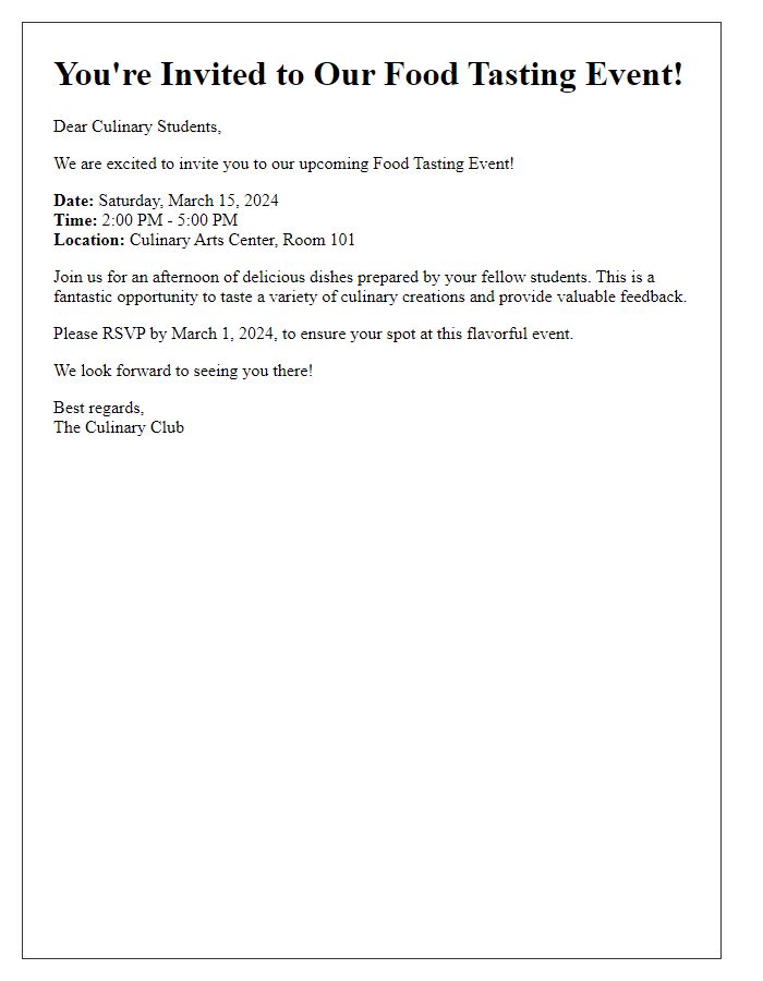 Letter template of food tasting event invitation for culinary students