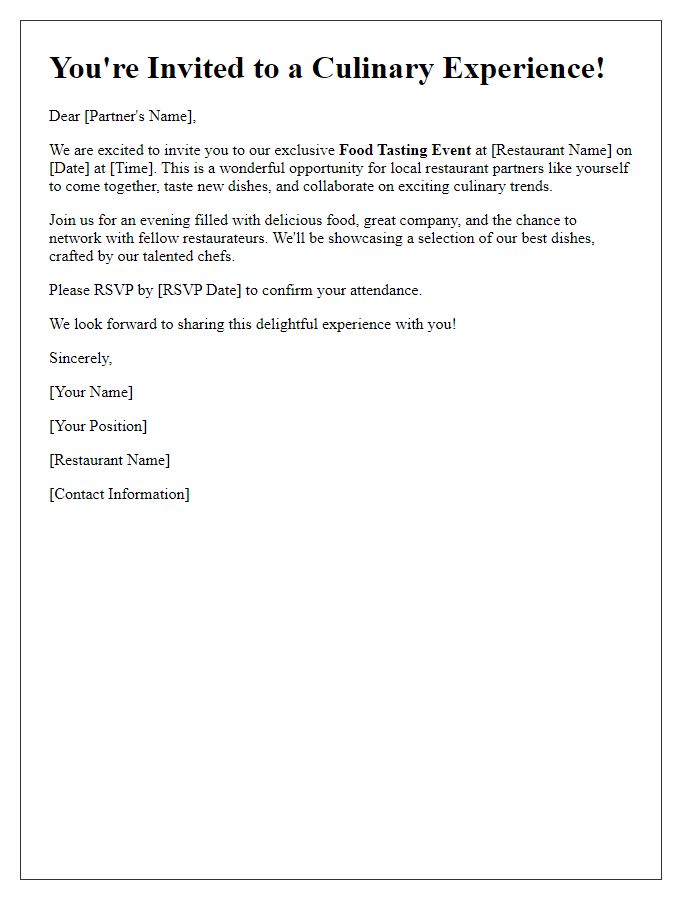 Letter template of food tasting event invitation for local restaurant partners