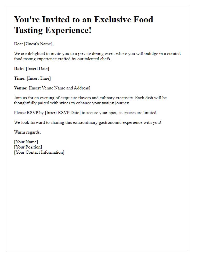 Letter template of food tasting event invitation for private dining experiences