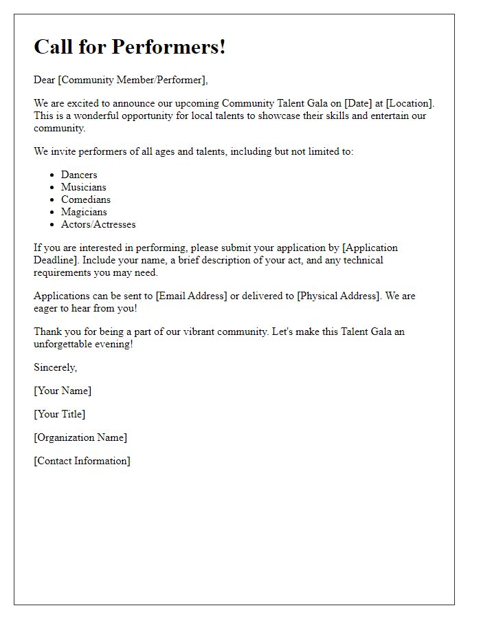 Letter template of call for performers for our community talent gala.