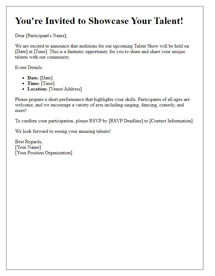 Letter template of invitation for talent show auditions and participation.