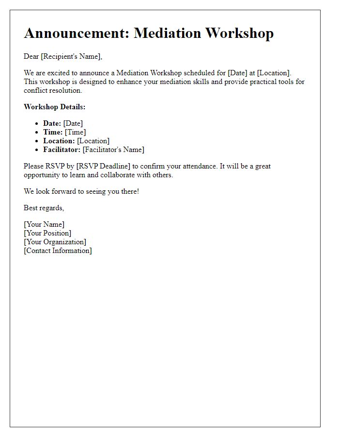 Letter template of announcement for mediation workshop