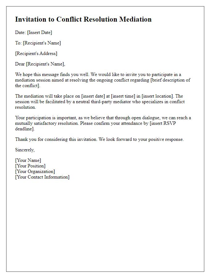 Letter template of invitation for conflict resolution mediation