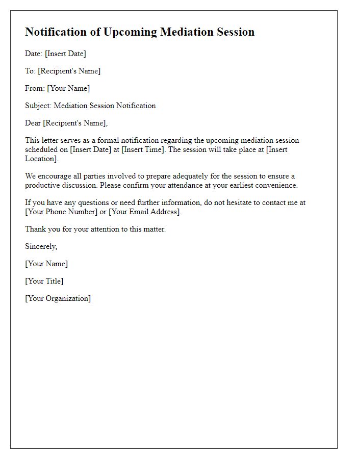 Letter template of notification for upcoming mediation session